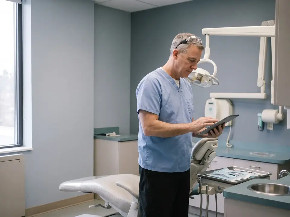 A dentist reads a tablet beside a dental chair